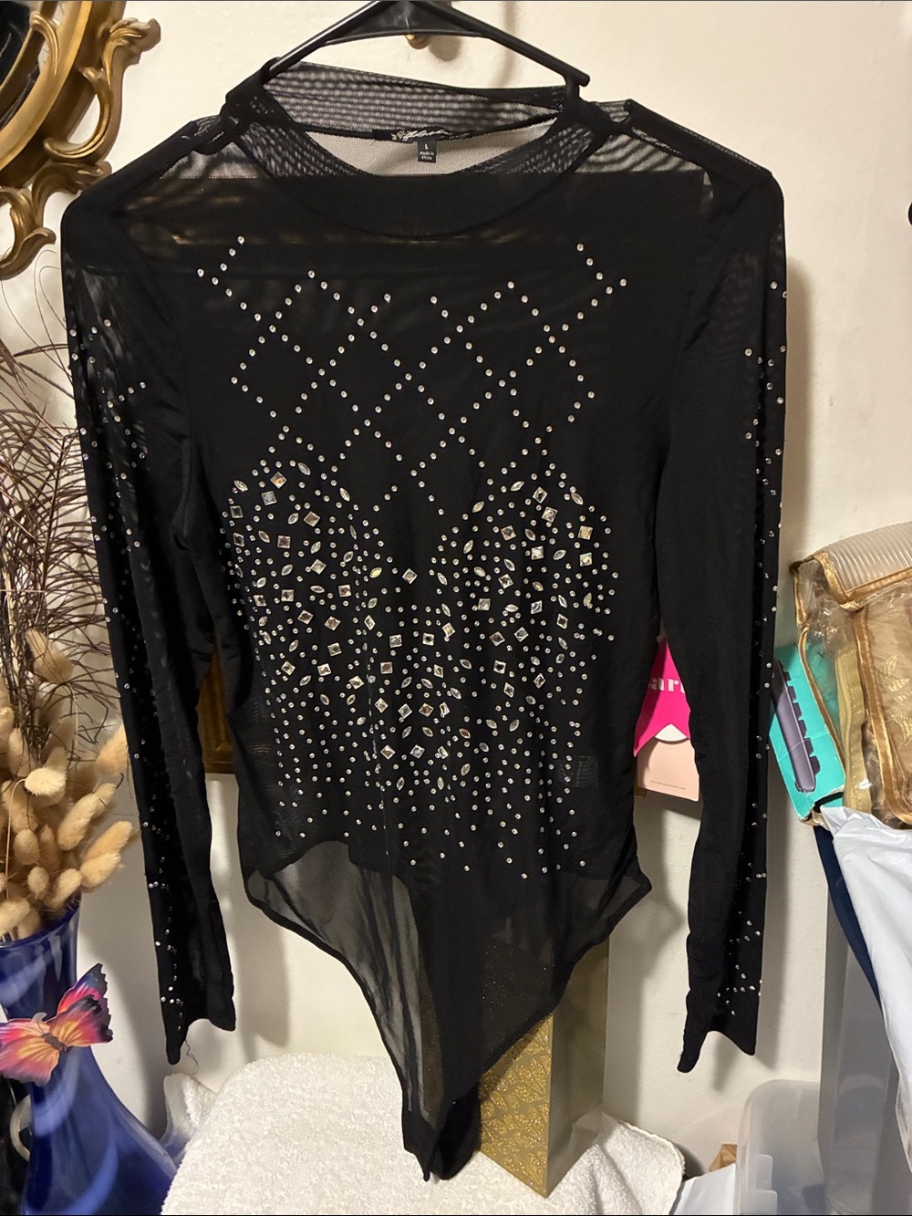 Black Mesh Long-Sleeve Studded Bodysuit - Women